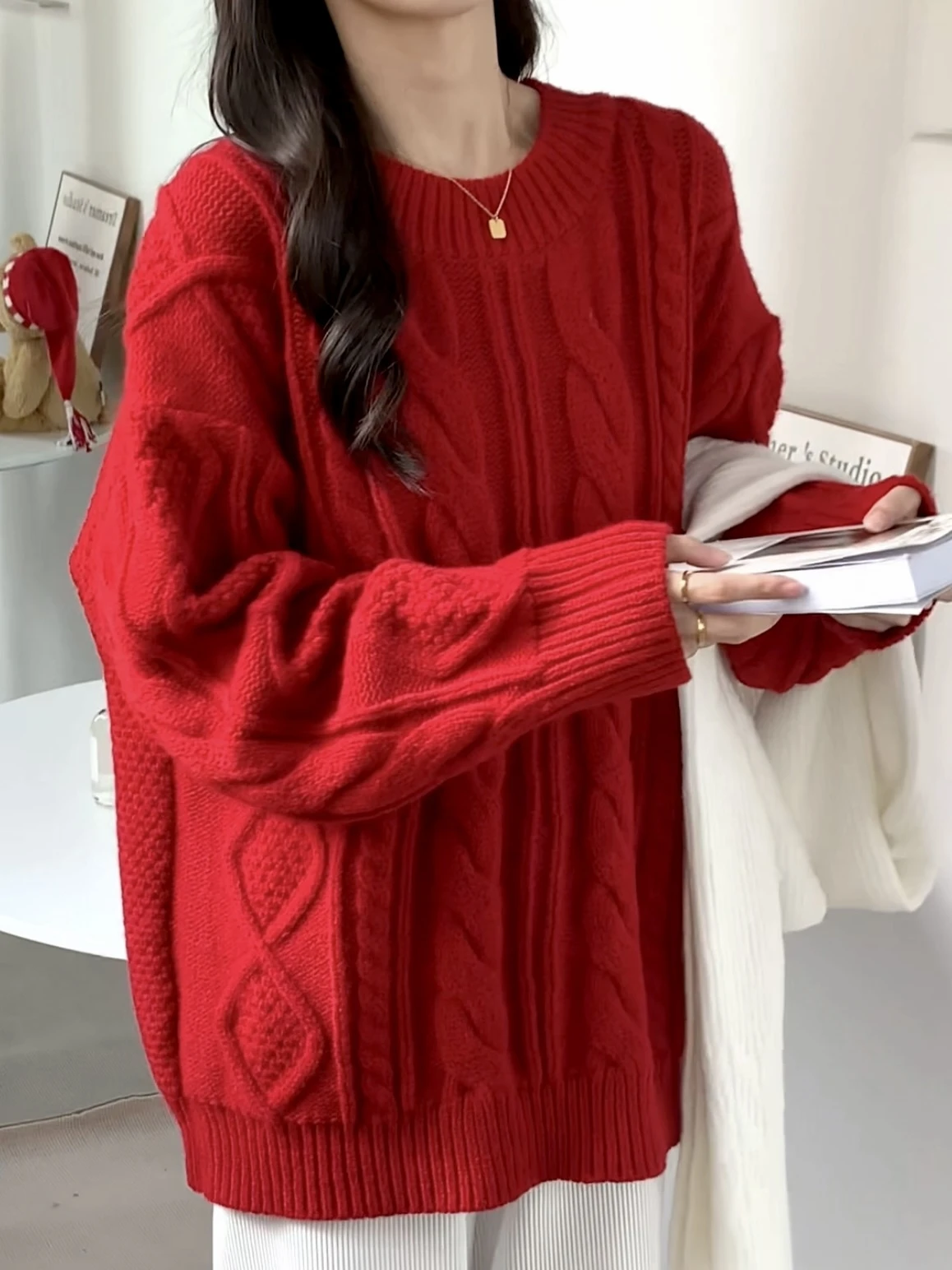 

Red Vintage Twisted Sweater Women's Loose Cisas Lazy Sle Overhead Soft Thi Knitted Top Winter Autumn Seasonal Warmth