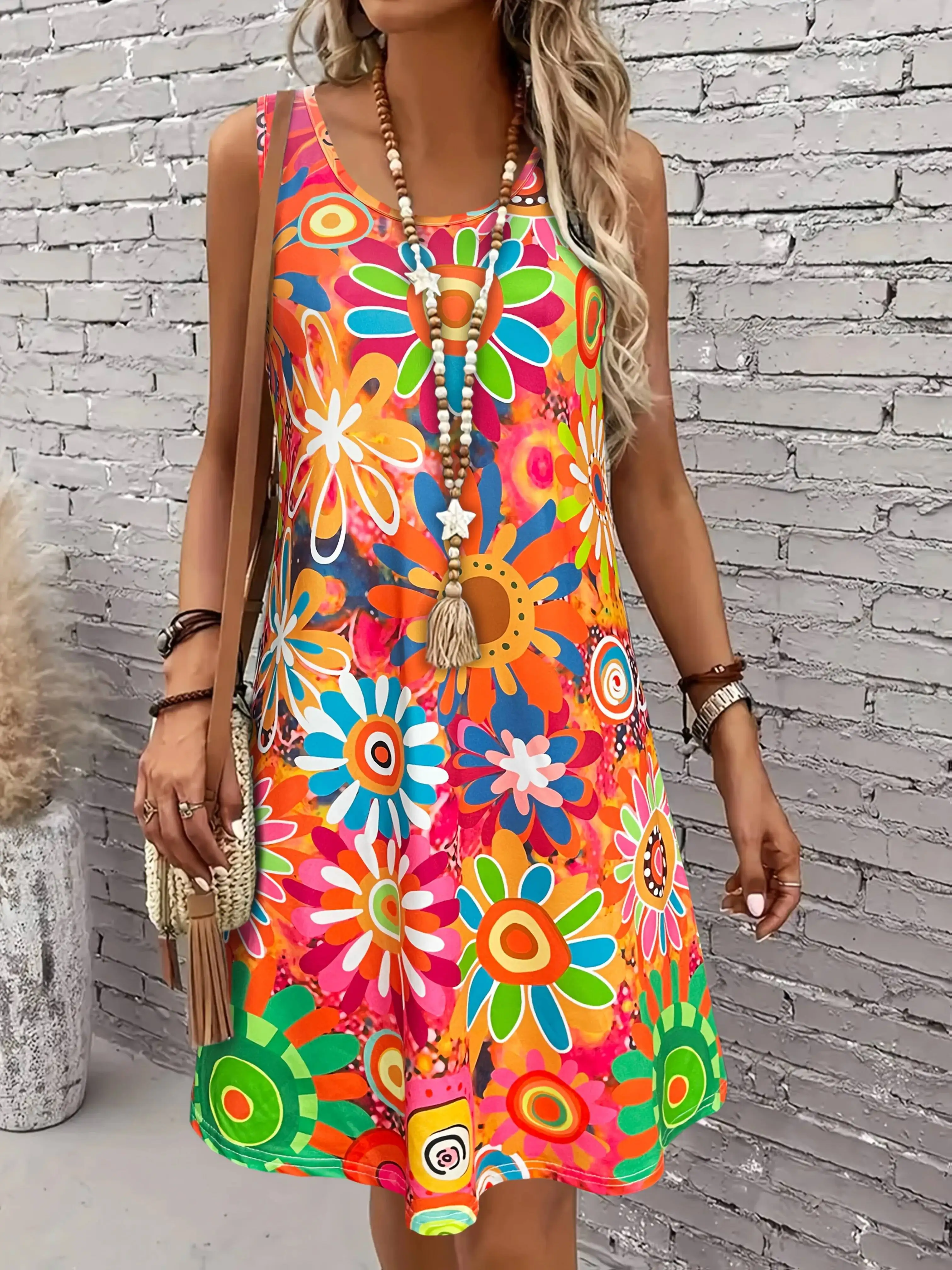 Women's Vibrant Floral Print Sleeveless Dress Spring/Summer Vacation Style Dress Fashion Sweet Womne Tank Mini Dress Tops VMA8