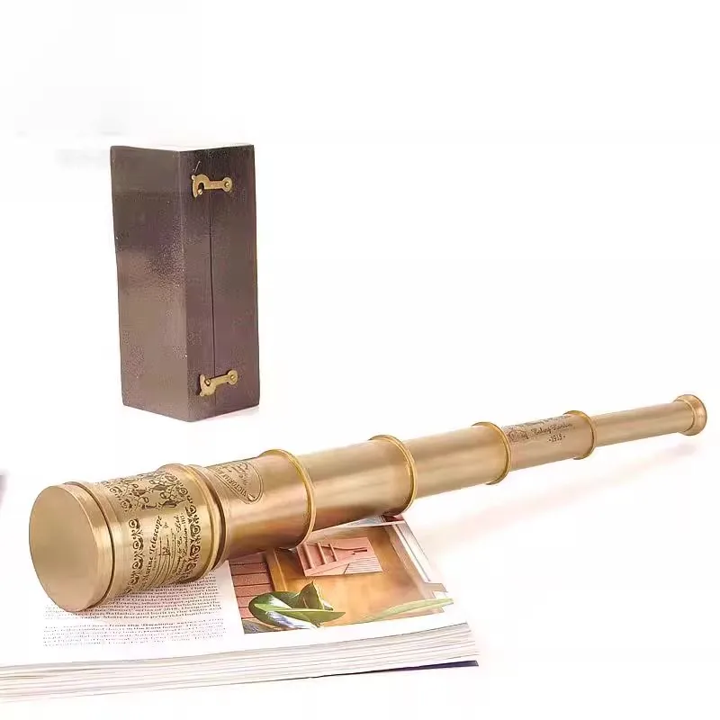 Vintage Nautical Brass Telescope Crafts- Antique Style Extendable Spyglass, Home Decor Collectible with Wooden Storage Box