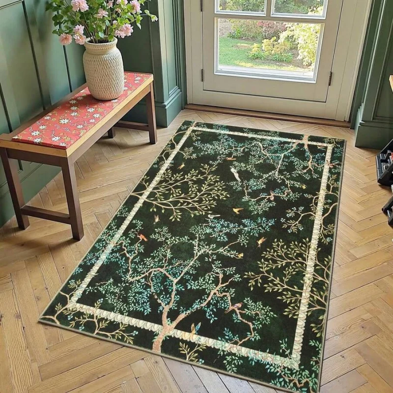 Botanical Birds Moss Green Area Rug For Living Room