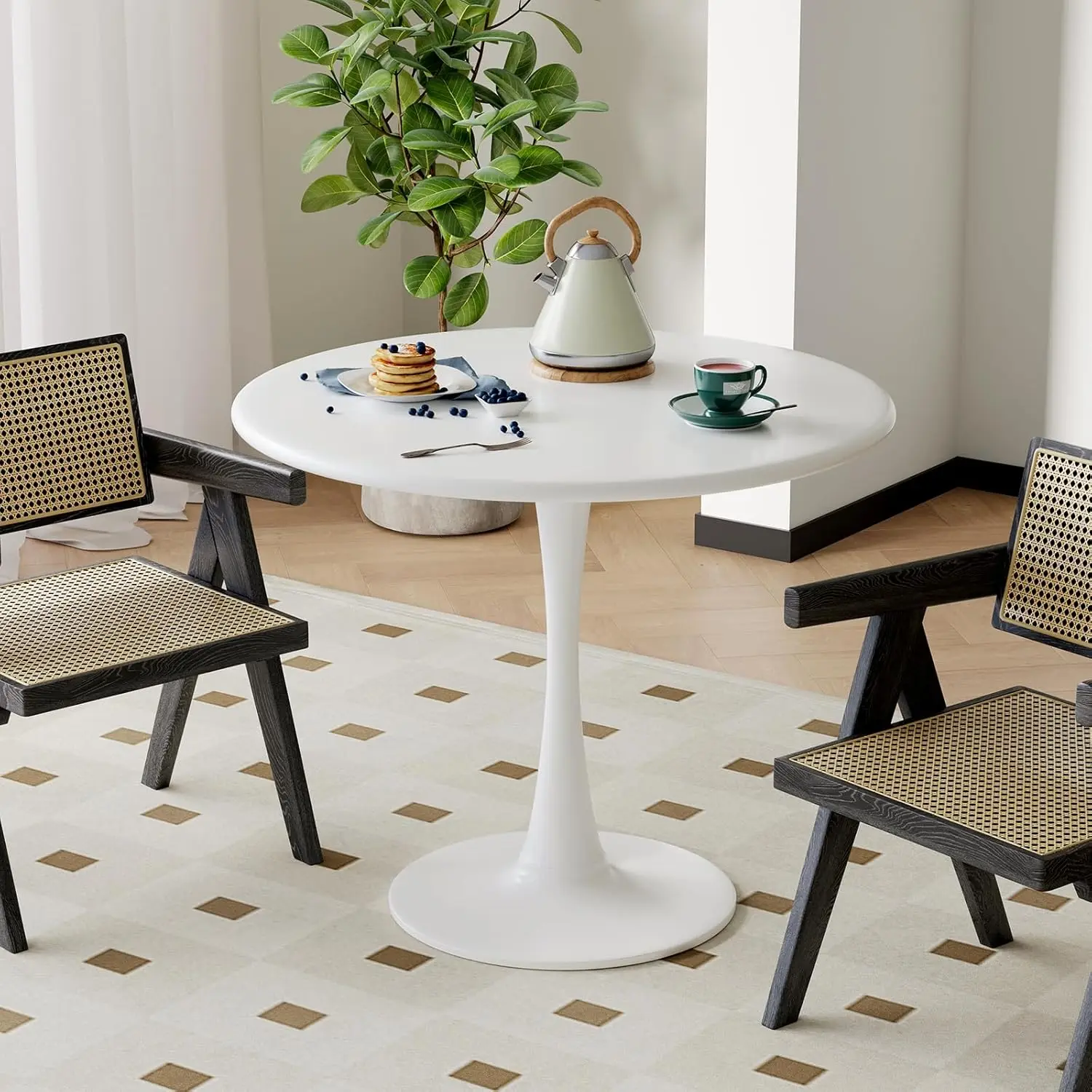 White Round Dining Table For 2, 24 Inch Small Tulip Table With Metal Pedestal For Living Room, Mid Century Modern Table For