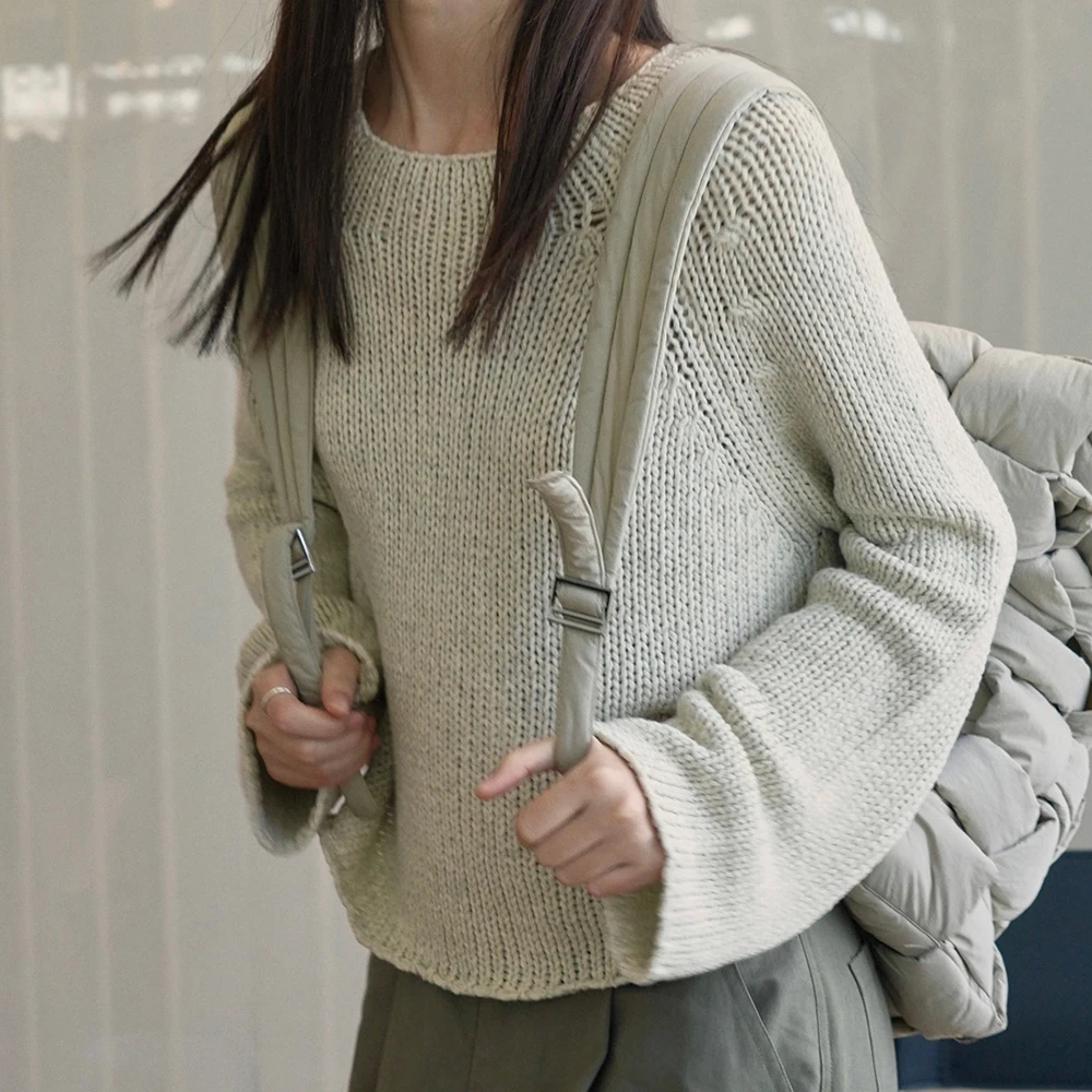 Oversize Cropped Cotton Knit Crochet Sweater Autumn Pullover Fashion Knitwear