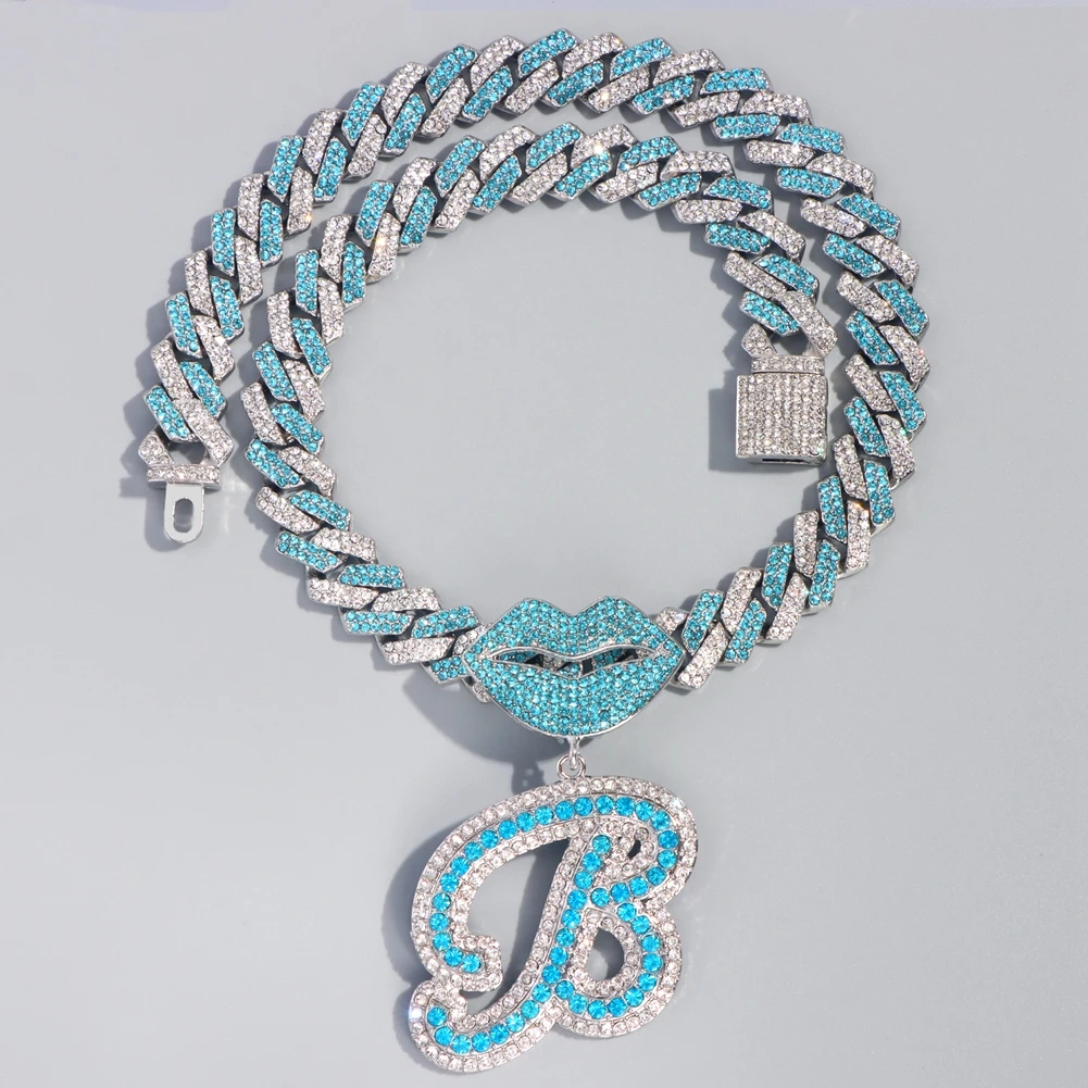 New Blue Mouth Cursive Initial Pendant Necklace Iced Out Prong Cuban Chain Cursive Letter Necklace For Women Men Trendy Jewelry