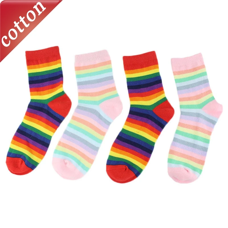 5 Pairs Ladies' Socks Set Trendy Comfort Breath Deodorant Cotton Socks For Girl Candy Color Rainbow Harajuku Stripe Personalized