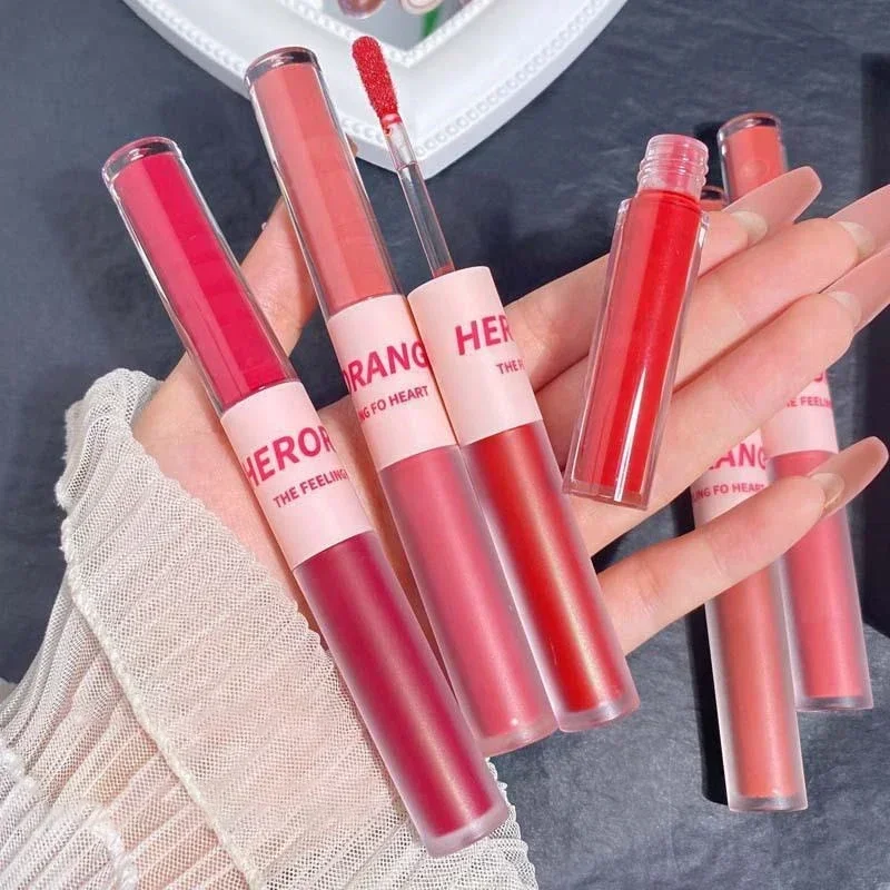 Two-in-one Lip Glaze Lipstick 9-color Double-ended Non-stick Cup Velvet Matte Lip Gloss Natural Long Lasting Makeup Cosmetics