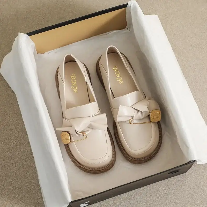 

Spring Women's Casual Leather oes Ladies Bla Loers Bow Flat Heel Roman Sle Comfortable Footwear for Ladies