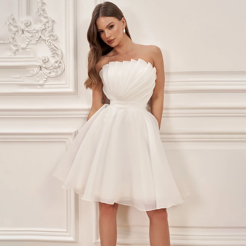 

Short Wedding Dresses Ivory Organza Satin Ruched Trapless A Line Wedding Gowns Knee Length Belt Lace Up Bridal Dress for Woman