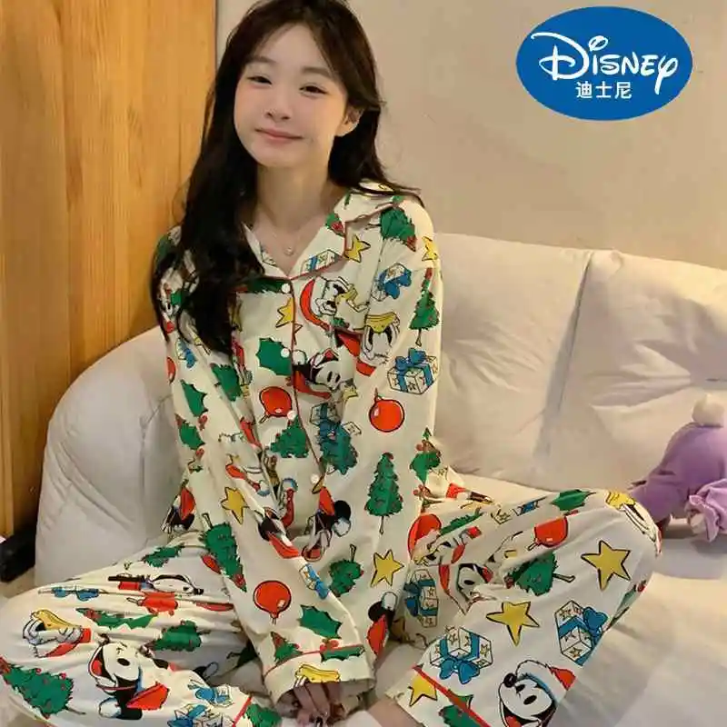 Disney Christmas Mickey Pajamas Set For Women, Long-Sleeved Tops, Loose Trousers, Cartoon Trendy Pajamas Can Be Worn Over