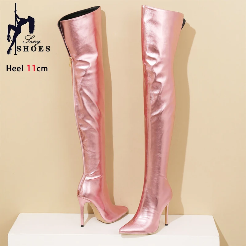 Gold Over the knee Boots Women Party Shoes Back Zip 11CM Thin High Heels Nightclub Pointed Toe Long Boots Female Botas Feminina