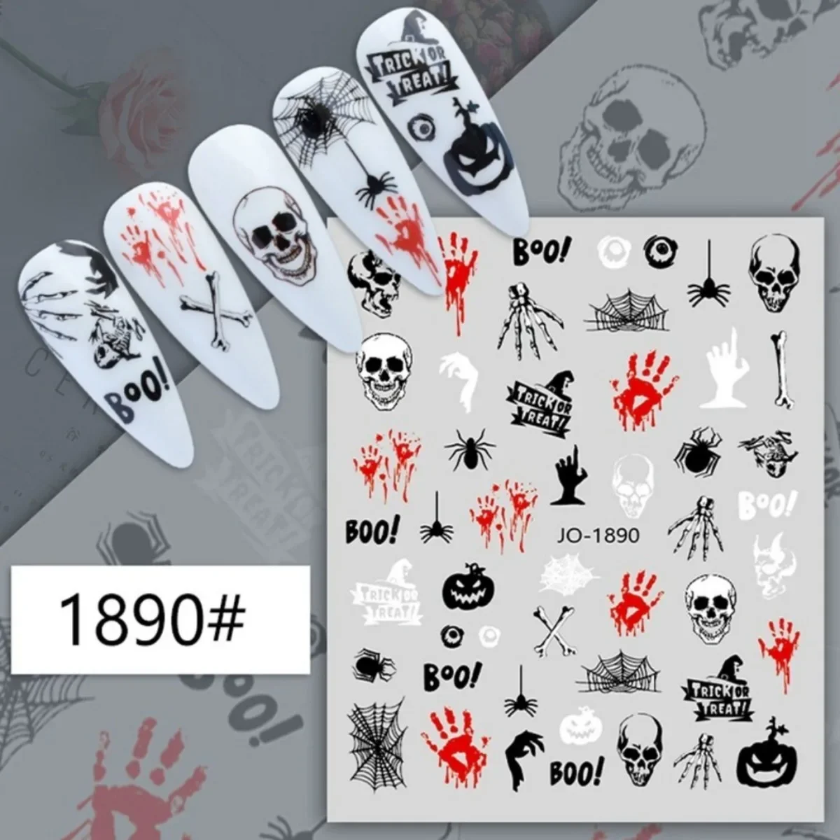 Stiker Halloween untuk kuku tengkorak kelelawar labu laba-laba kartun ekspresi lucu hitam putih Dekorasi seni kuku stiker