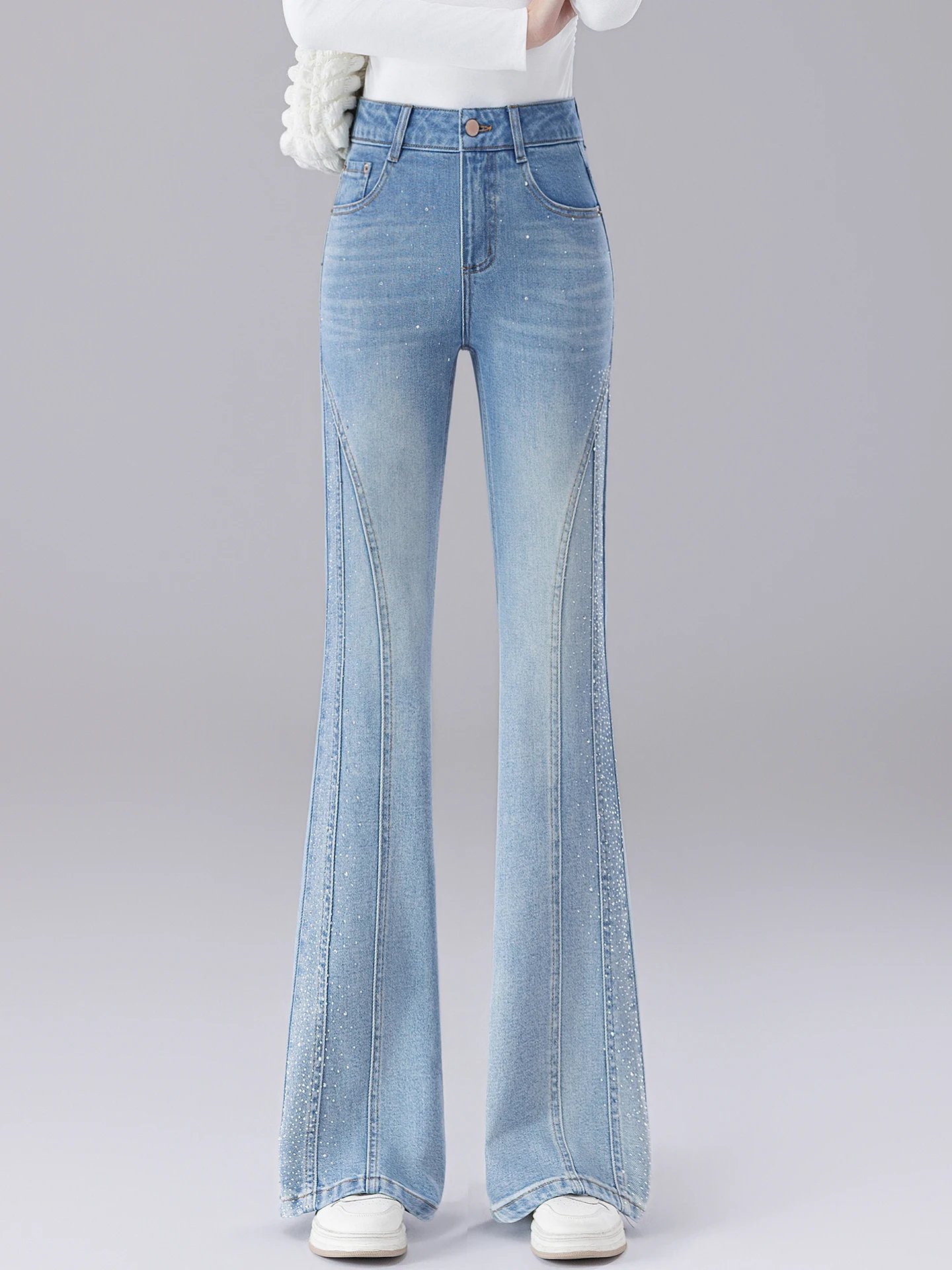 

Женские джинсы-клеш с высокой талией, облегающие, весна-осень 2026, новые, популярные, с бриллиантовой отделкой, повседневные, из смесового хлопка и полиэстера