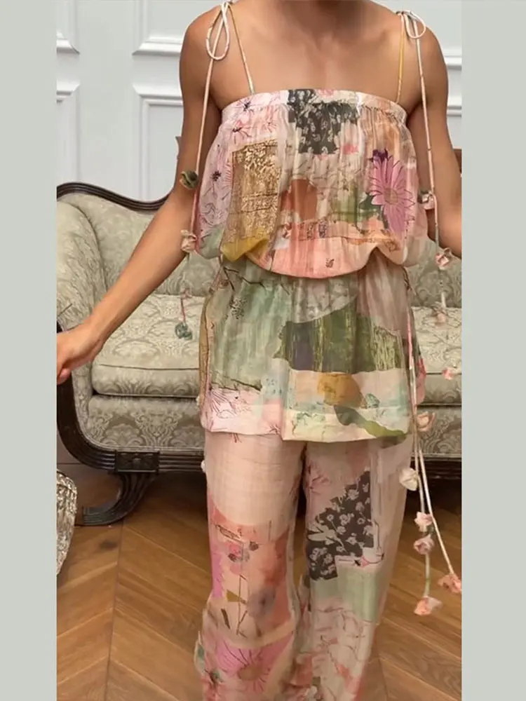 3D-Blumenbedruckte Spitzen-Oberteile mit Schnürung und Hosenanzüge für Damen, sexy ärmellose, rückenfreie, schmale Oberteile, weit geschnittene Hosen, charmante Damen-Outfits, neu – Detail 9