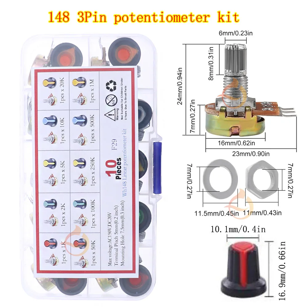 Kit surtido de potenciómetro Dual único, interruptor de 3 pines, 5 pines, 6 pines, amplificador de eje de Audio, sellado B1K, 2K, 5K10K, 20K, 50K, 100K, 250K, 500K