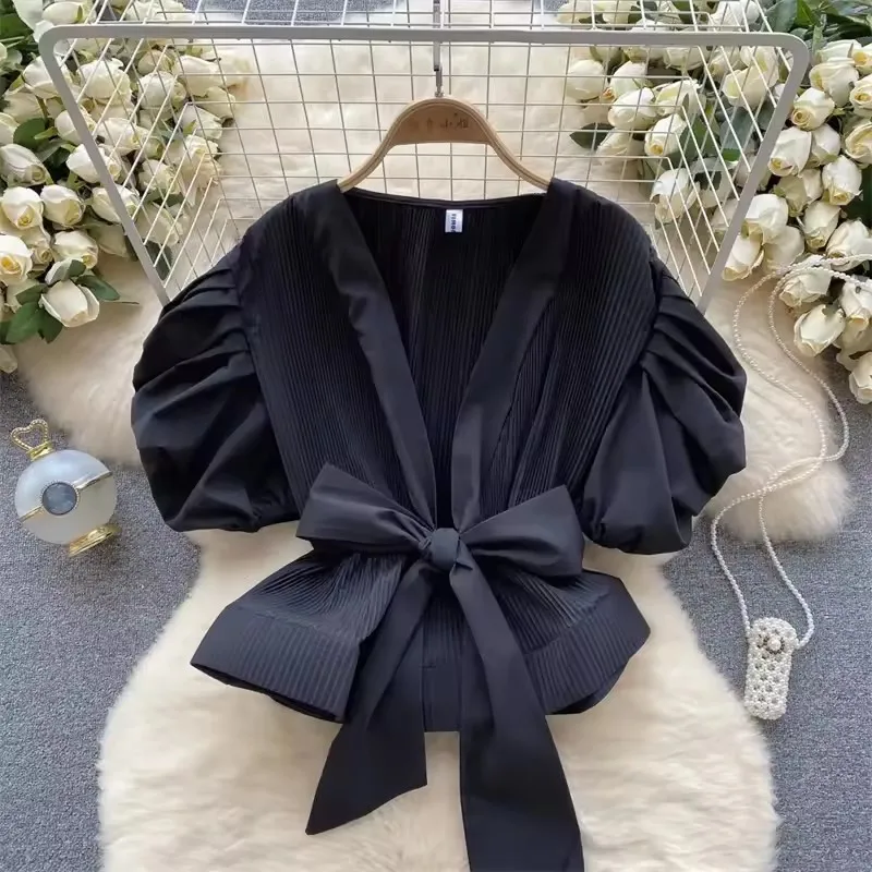 Fashion Solid Women V Neck Shirt  2025 New Summer Bubble Sleeve Blouse Elegant Versatile Waistband Bow Tops Female Clothing