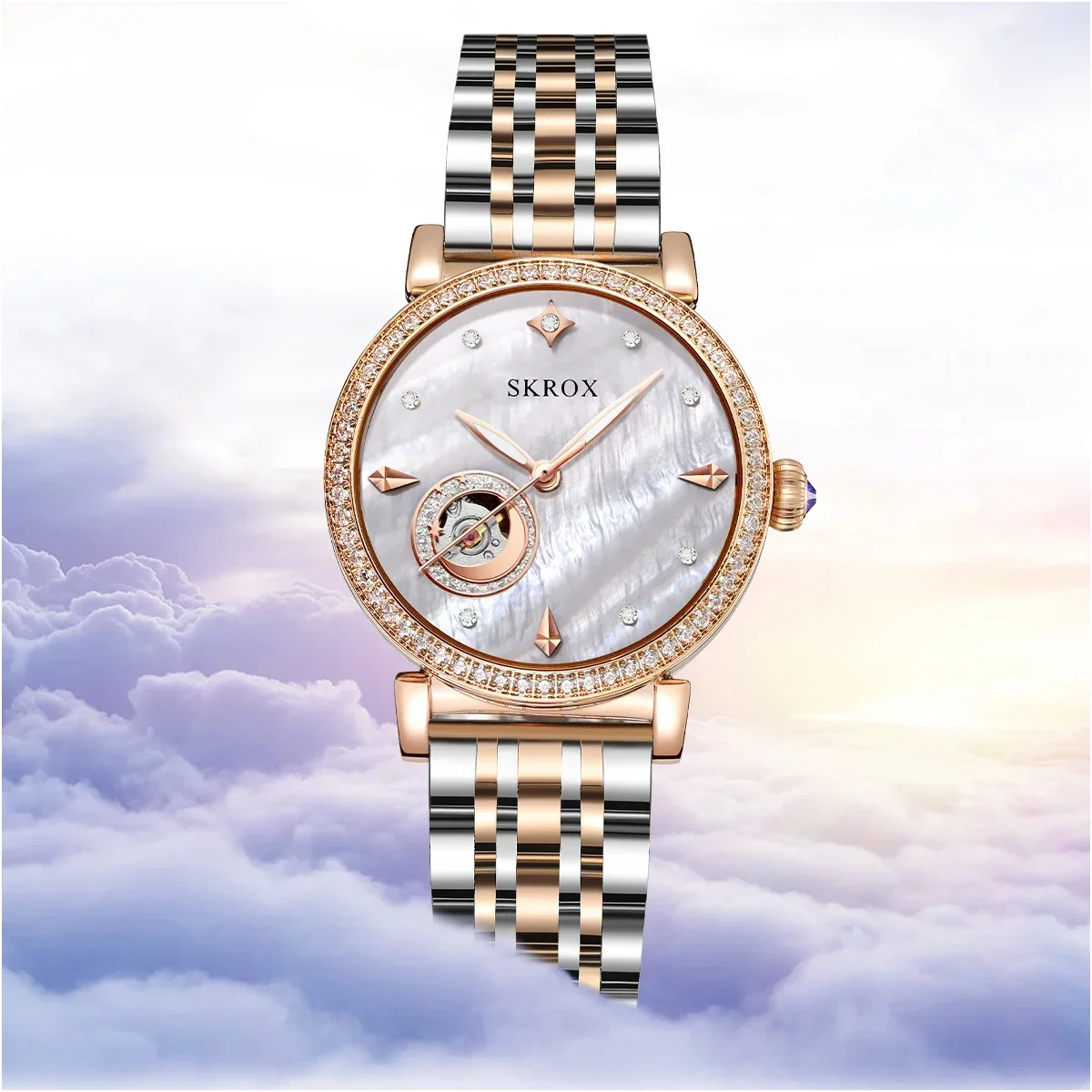 Montre de mariage pour femmes, haut de gamme, luxe, or Rose, diamant, étoiles, mouvement mécanique automatique, montres pour dames, horloge en acier inoxydable