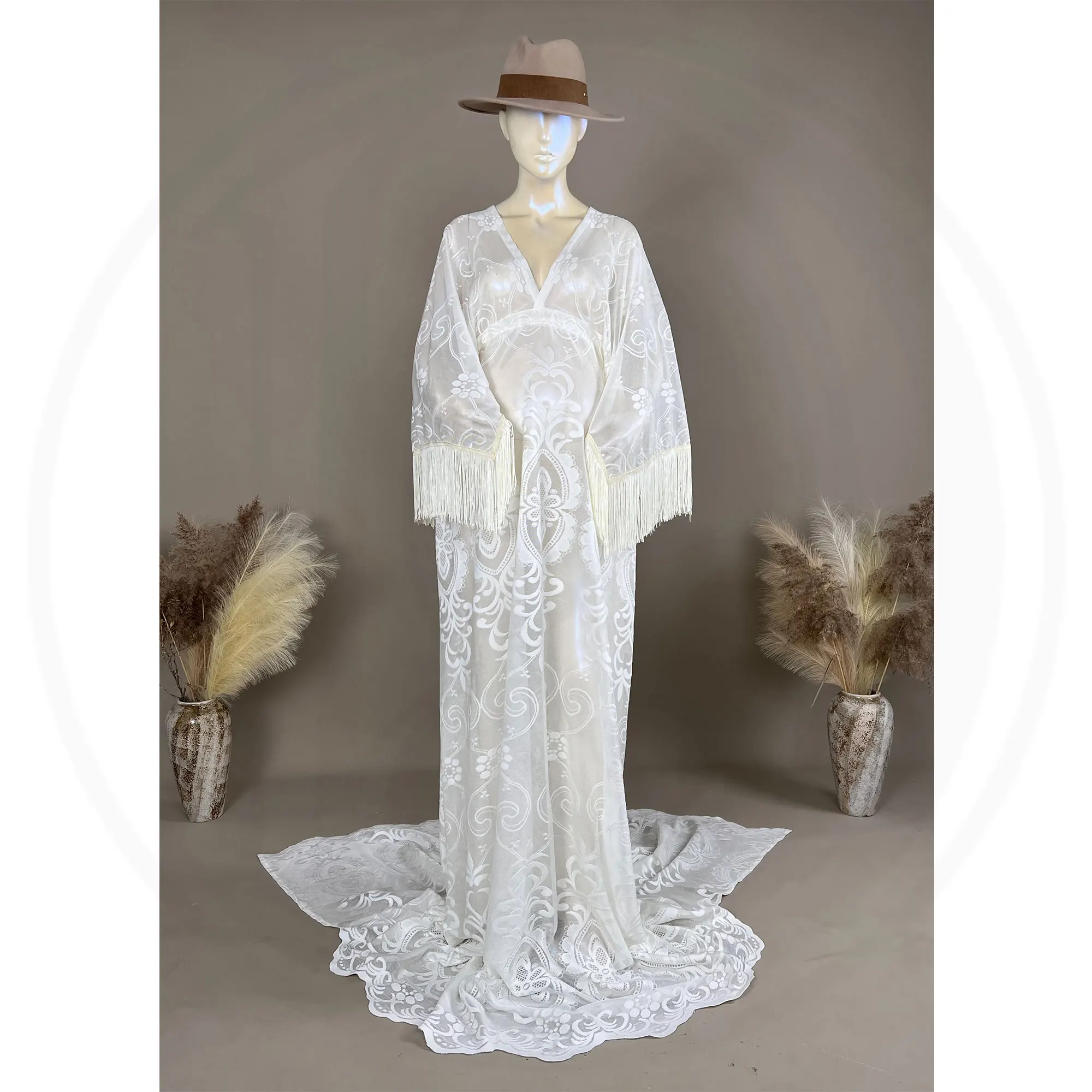 Don&Judy Boho Lace Kimono Dress with Fringe Trim Open Back Perfect for Beach Photoshoots Bridal Showers Maternity Photography