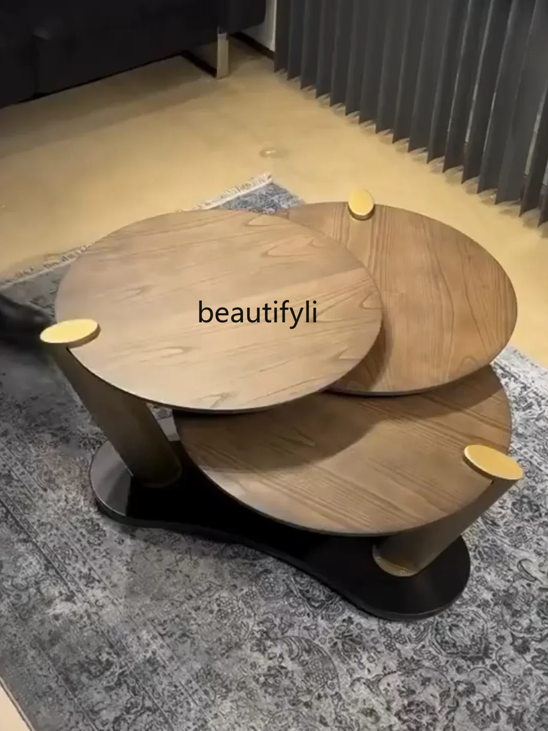 

LJYNew Chinese-style ebony antique three-round walnut color simple living room can be changed and unfolded to store coffee table