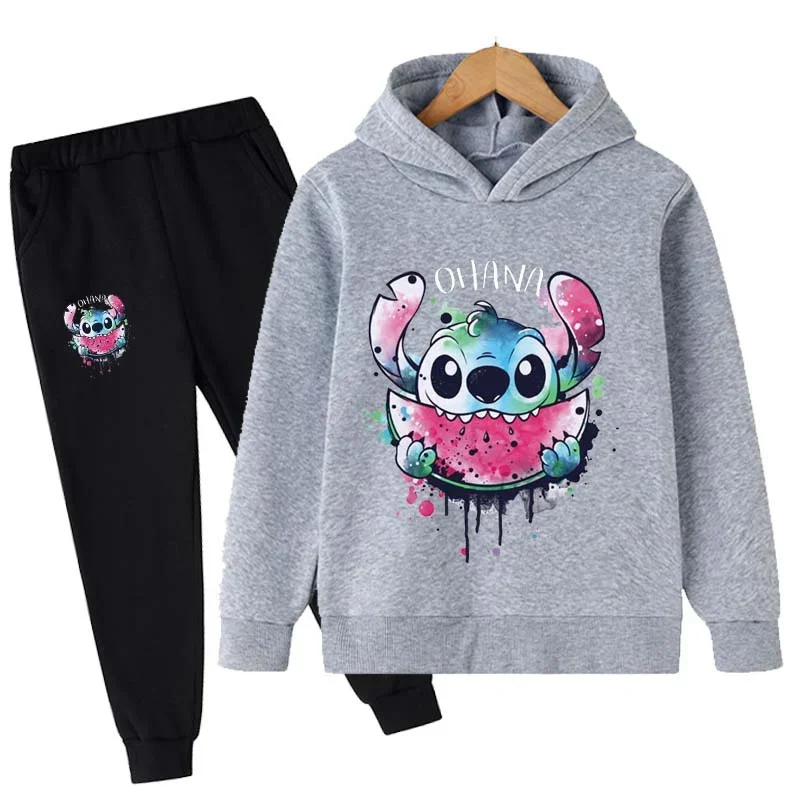 Dziecięca bluza z kapturem Disney Cartoon Print Stitch chłopięca koszulka sportowa wysokiej jakości miękkie topy zestawy z dziewczęcymi spodniami na