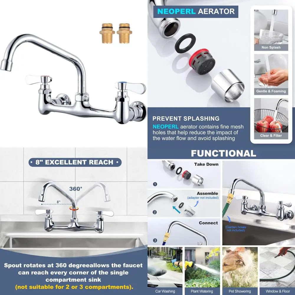 

8 Swivel Spout Wall Mount Dual Handle Faucet, Polished Chrome Utility Sink Mixer for Kitchen and Laundry