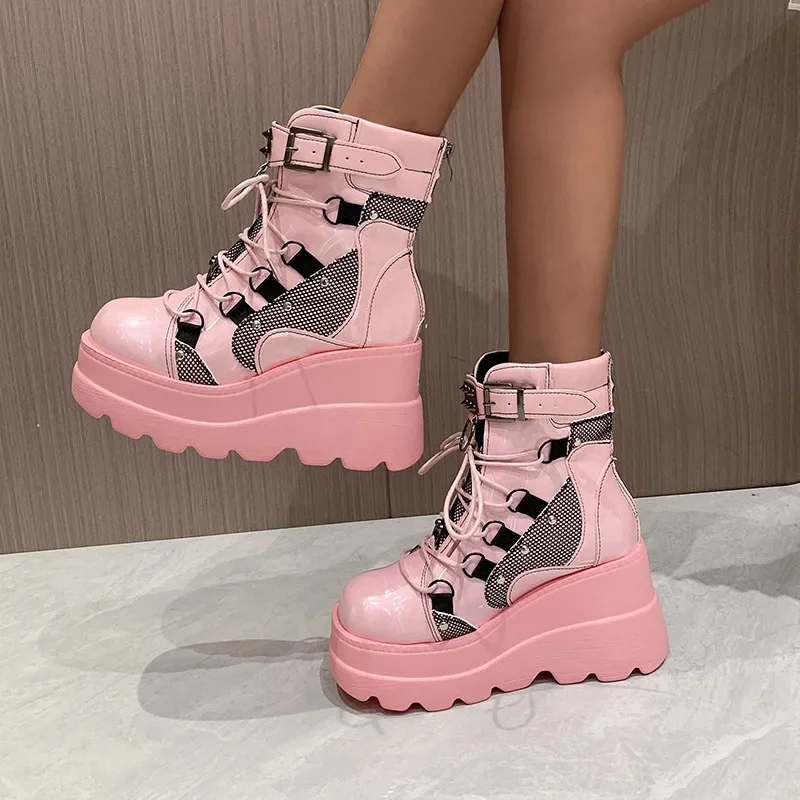 2024 New Design Women Punk Gothic Motorcycle Boots Platform Chunky High Heel Ankle Boot Ladies Cool Wedge Black Female Shoes