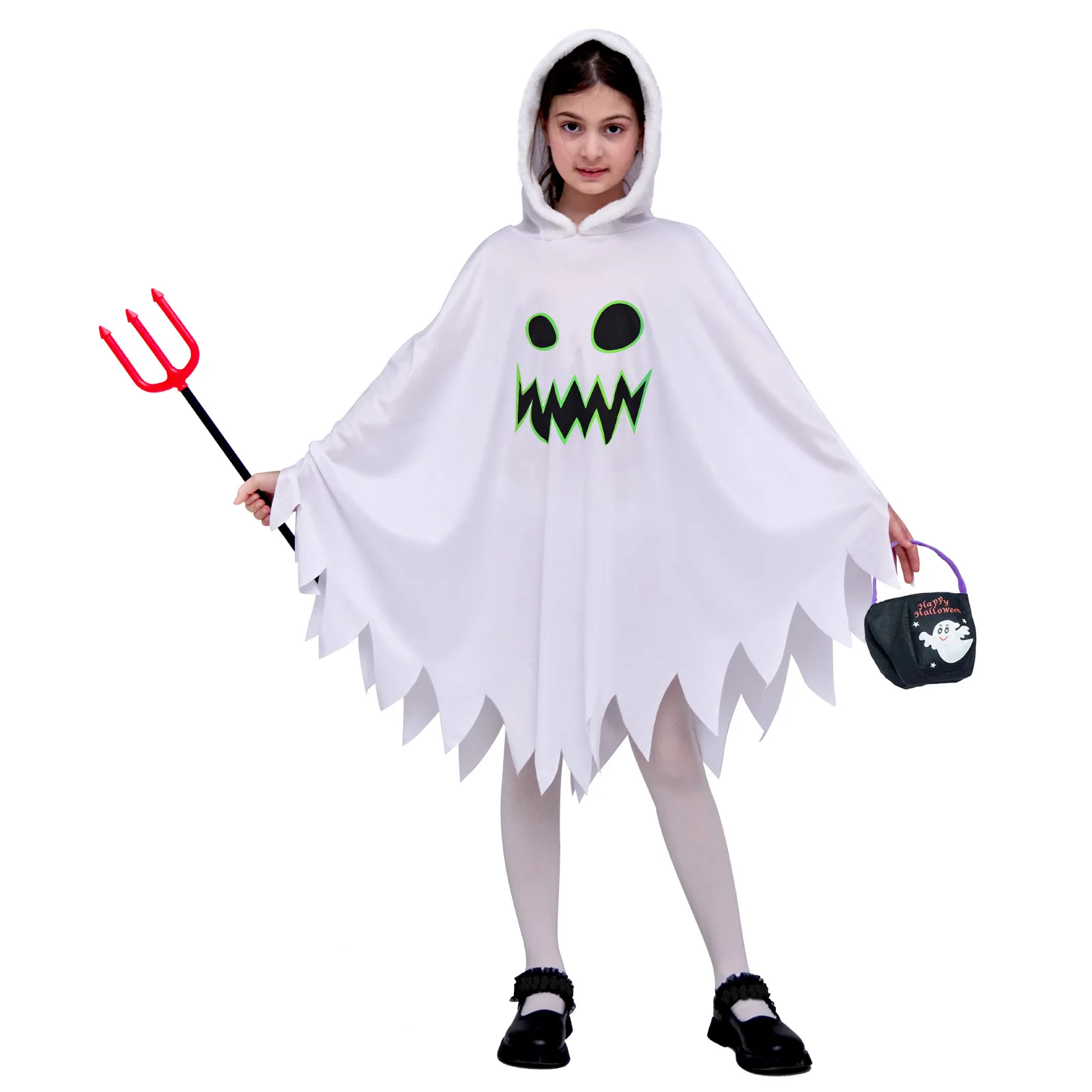 GC10036  Kids Ghost White Cloak Halloween Costume with Handbang  Children's White Glowing In Night Cloak Halloween Cosplay Theme