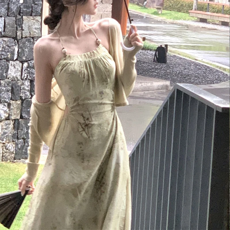 여성 섹시한 홀터넥 백 레스 컷 아웃 셔링 파티 우아한 드레스 여름 중국 스타일 빈티지 프린트 민소매 슬림 드레스 베스 티드