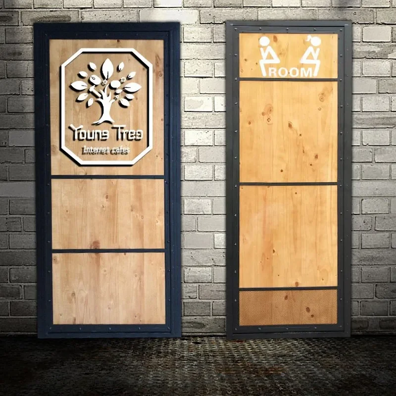 Retro Wrought Iron Solid Wood Barn Door Sliding Interior Door Creative Decorative Door for Restaurant Bathroom Container Home