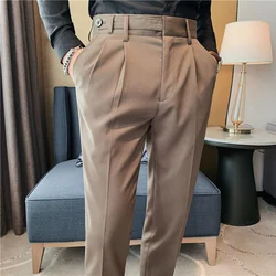 Autumn Winter High Quality Solid Casual Pants Men Belt Design Slim Fit Trousers Formal Office Business Social Party Suit Pants