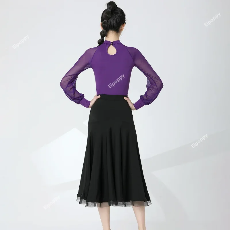 2024 New Adult Women Latin Dance   Female Gauze Bubble Long Sleeve Purple Top Ballroom Sexy Transparent Stage Body Suit