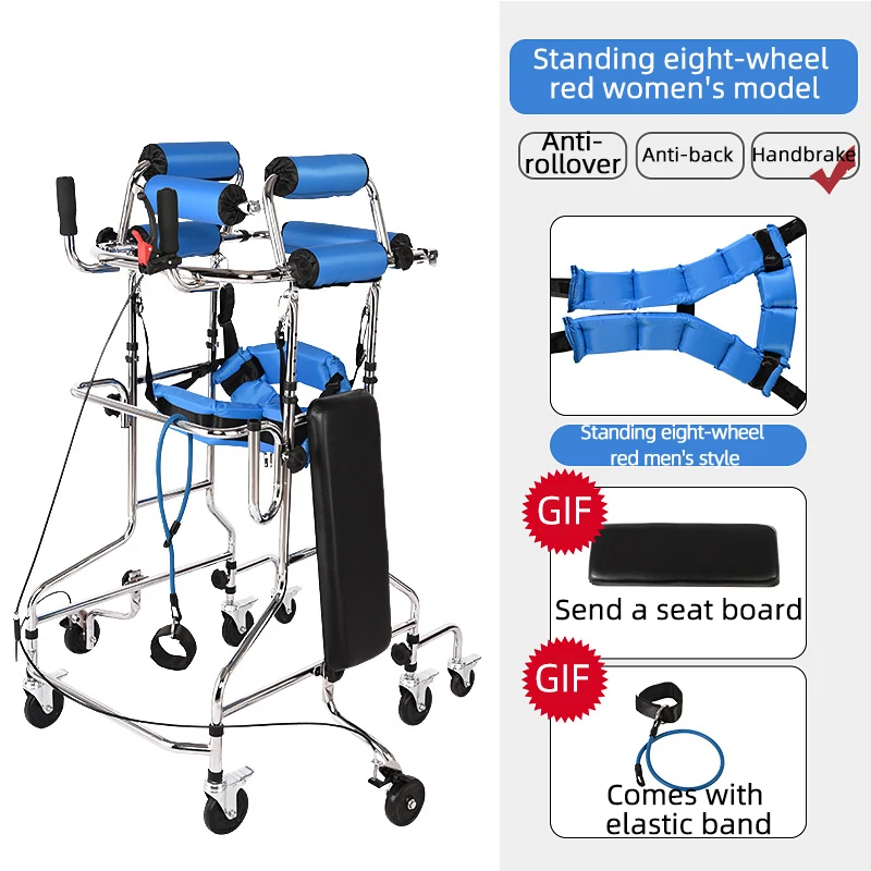 Aufrechter Rollator Walker Stand-Up-Walker mit 8-Rädern, kippsichere Räder, Hemiplegie-Walker-Ständerrahmen mit Sitz