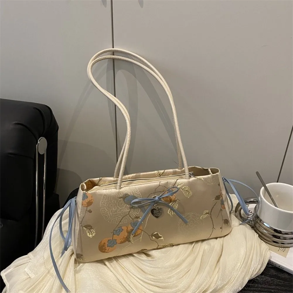 All-match Flower French Stick Handbag Chinese Style Cloth Bow Shoulder Bag Ribbon Large Capacity Underarm Bags Travel