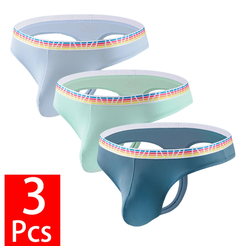 

3PCS/Lot Sexy Man Underwear G-string Ice Silk Thin Breathable Men's Underpants T-Back Panties Male Low-rise U Bulge Pouch Thongs