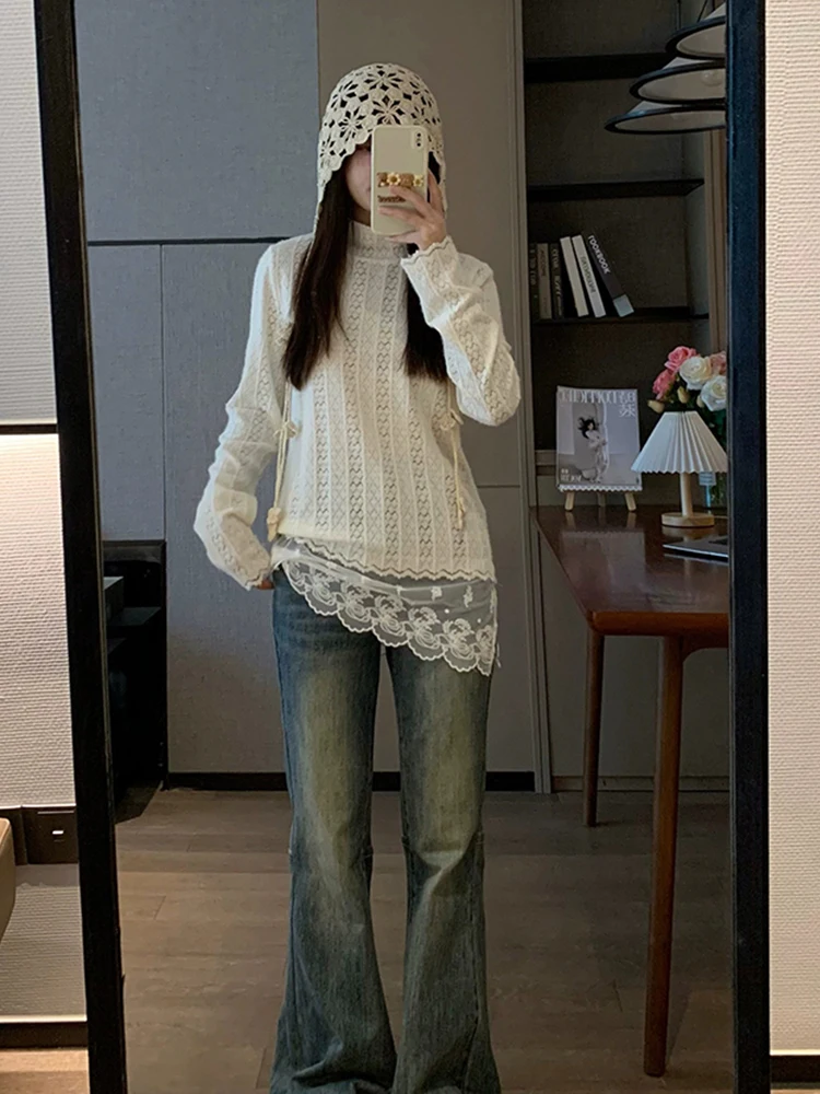 

Autumn New Sle Women's Lace Trim Slim Fit T-irt Dr Long Sve Knitted Top Layering Faionable Versatile White Color