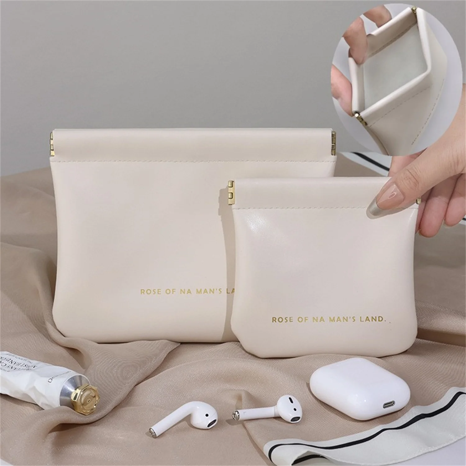 Cosmetic Storage Bag Mouth Red Storage Bag Automatic Closure Shrapnel Headset Data Cable Sundry Inner Bag Portable Small Bags