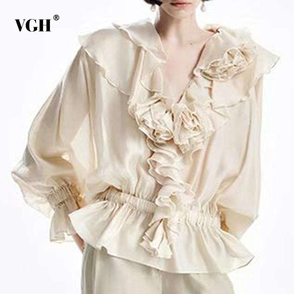 

VGH Solid Temperament Slimming Spliced Folds Blouses For Women V Neck Long Sleeve Spring Elegant Shirts Female Fashion Style New