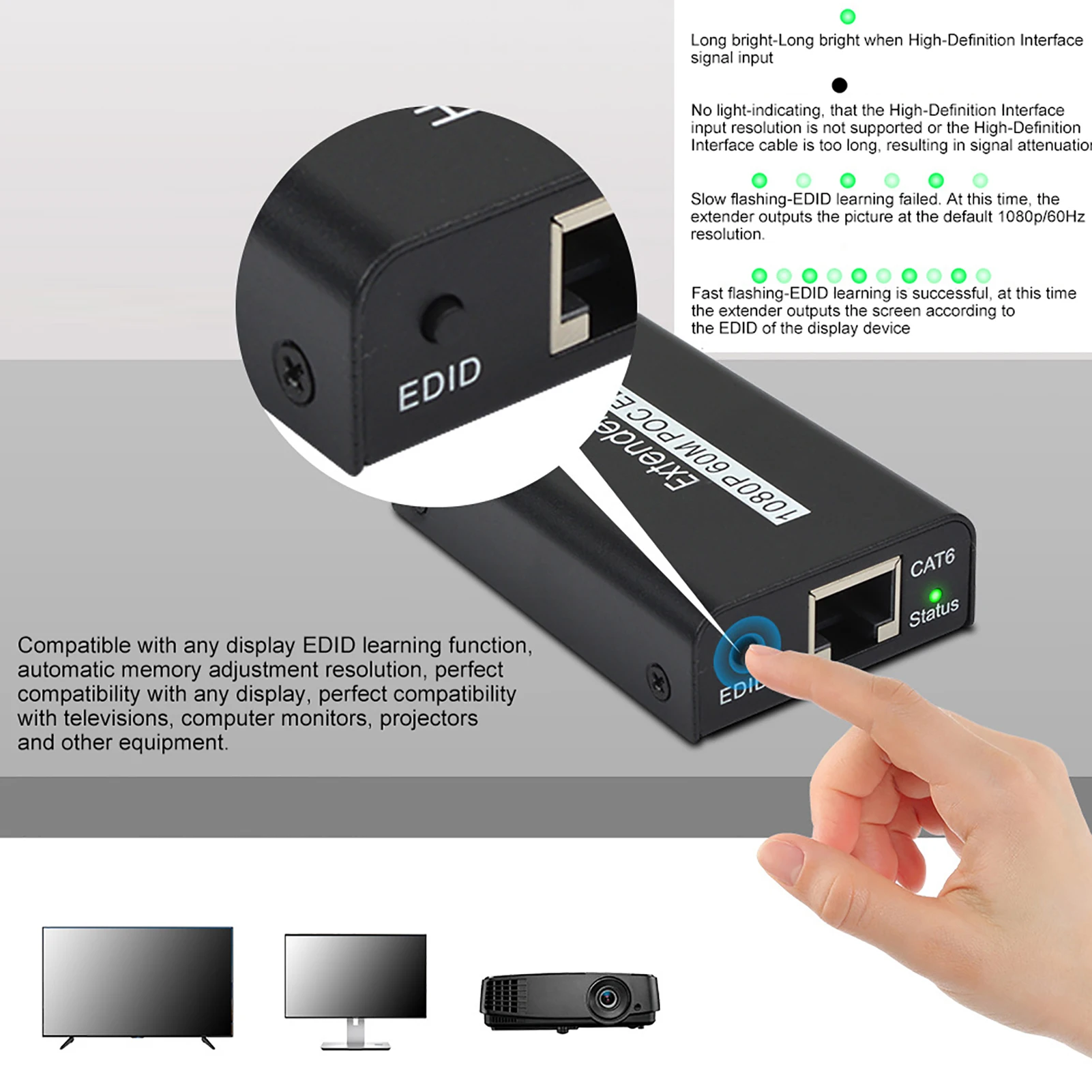 HDMI Extender 60M Internet Transmitter for POC Cable Power EDID Learning Function Internet Transmitter Transmitter Receiver