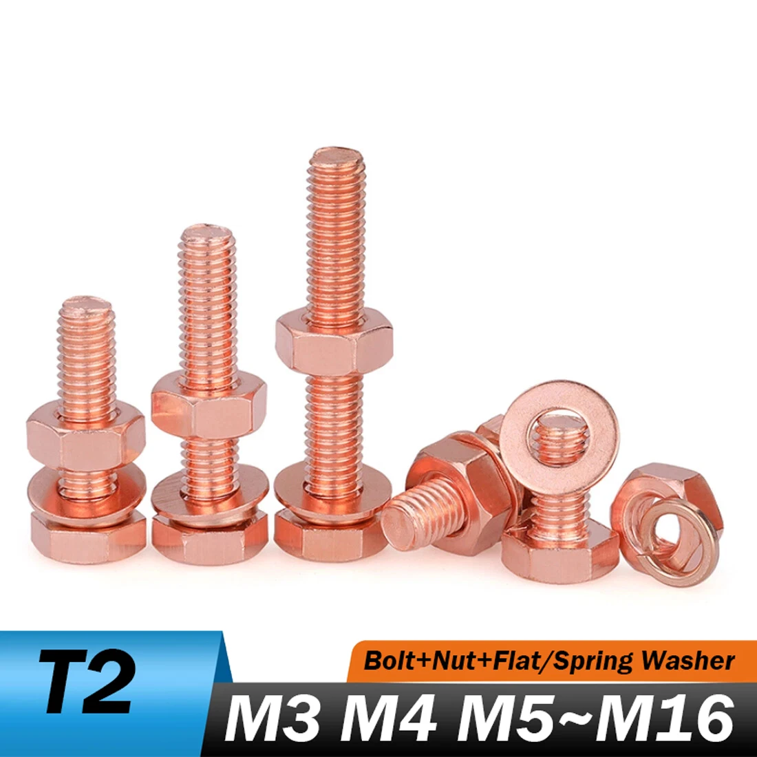 

T2 Pure External Hex Bolts M3 M4 M5 M6 M8 M10 M12 M14 M16 Hexagon Set Screws With Bolt+nut+flat/spring Washer Hex Bolts