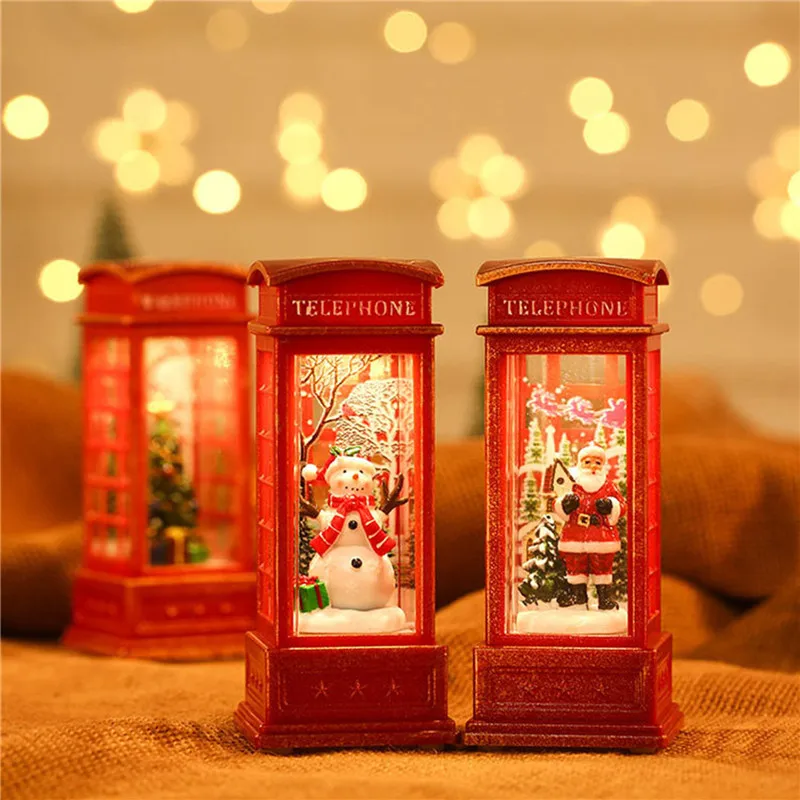 Christmas Decoration Desktop Ornament Luminous Telephone Booth With Snow Globes Spinning Water Swirling Glitter For Home Holiday