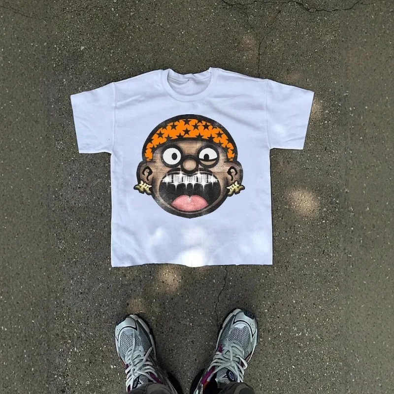 

Men's Y2K Loose Fit T-Shirt 2025 Summer New Cartoon Print Cotton Couple Top Minimalist Hip Hop Harajuku Style Streetwear
