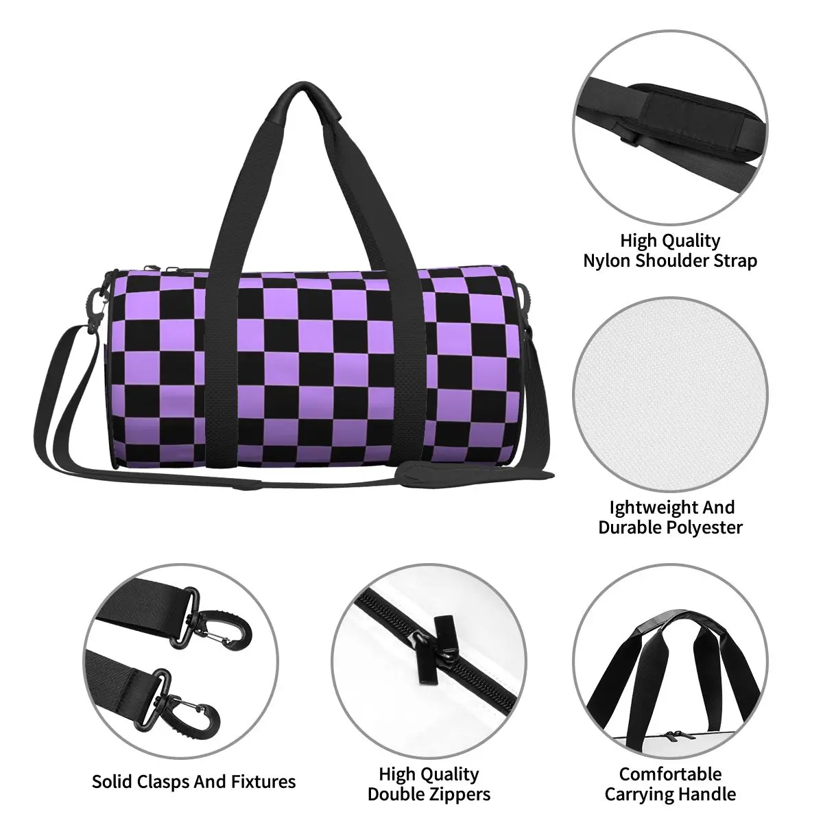 Black Purple Checkers Gym Bag Fashion Travel Training Sports Bags Men's Design with Shoes Retro Fitness Bag Portable Handbags