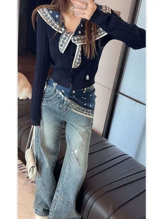 

Early Spring Heavyweight Print Silk Scarf Twist Design Knitted Sweater Women's Open Cardigan Versatile Long Sve Top