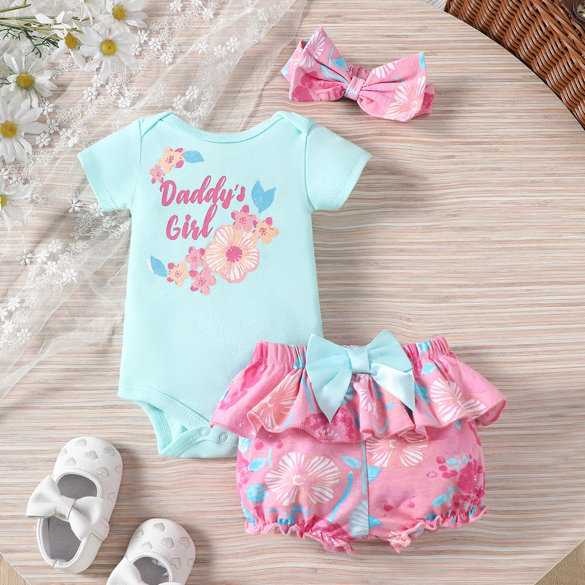 3PCS Summer Baby Cotton Set with Flower Print Pattern Short Sleeved Jumpsuit with Cute Wooden Ear Bow Shorts for Girls Aged 0-1