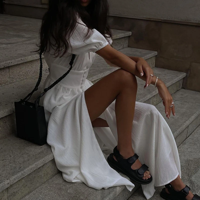 Lady Elegant Slim V-neck White Maxi Dress Summer Women Puff Short Sleeve Solid Slit A-line Long Dresses Party Holiday Robes