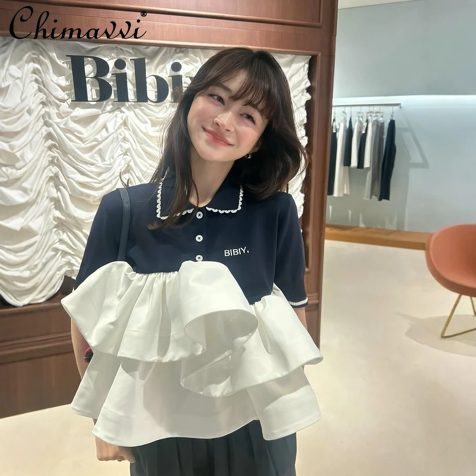 

Japanese Fashion Letter Embroidery Sweet Tshirt Ruffled Edge Patchwork Polo Collar Fake Two-Piece Women's Knitted T-Shirt Top