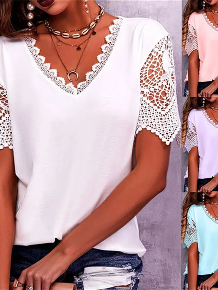 Sexy V-ne Hollowed out Lace Pullover T-irt Women's Svel Bodycon Top Straight Cut Summer Faion Casual Wear