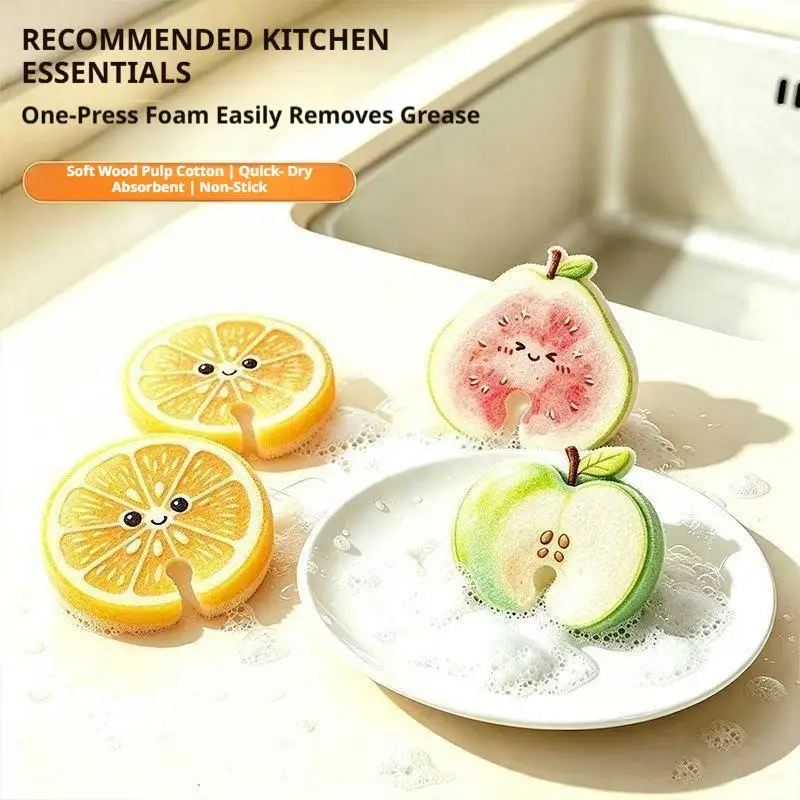 3pcs Fruit Sponge Dishwashing Brush Set Household Kitchen Cotton Thickened Absorbent Scouring Pad Easy to Clean Pot Cleaning Too
