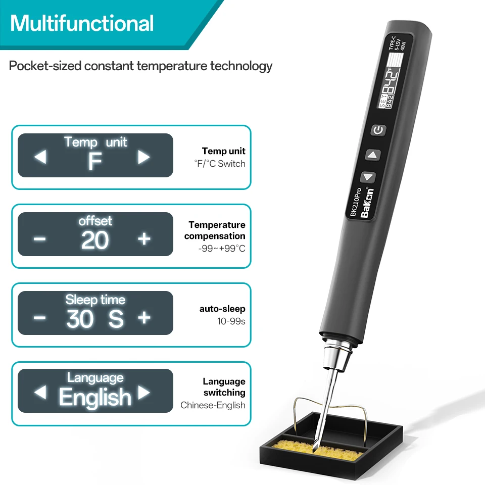 

Bakon BK210 PRO 40W Electric Soldering Iron with Digital Display PD/QC Fast Heating Portable PCB Repair C210 Soldering Kit