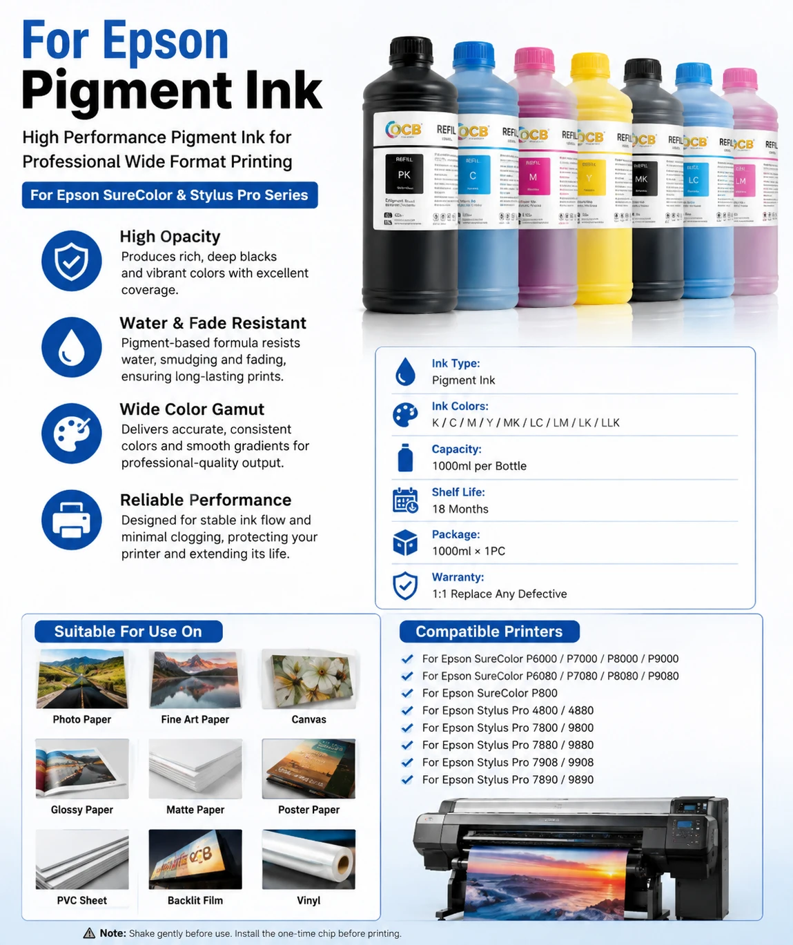 1000ml Pigment Ink For Epson P6000 P7000 P6080 P7080 P800 Stylus Pro 4800 4880 7800 9800 7880 9880 7908 9908 7890 9890 Printer