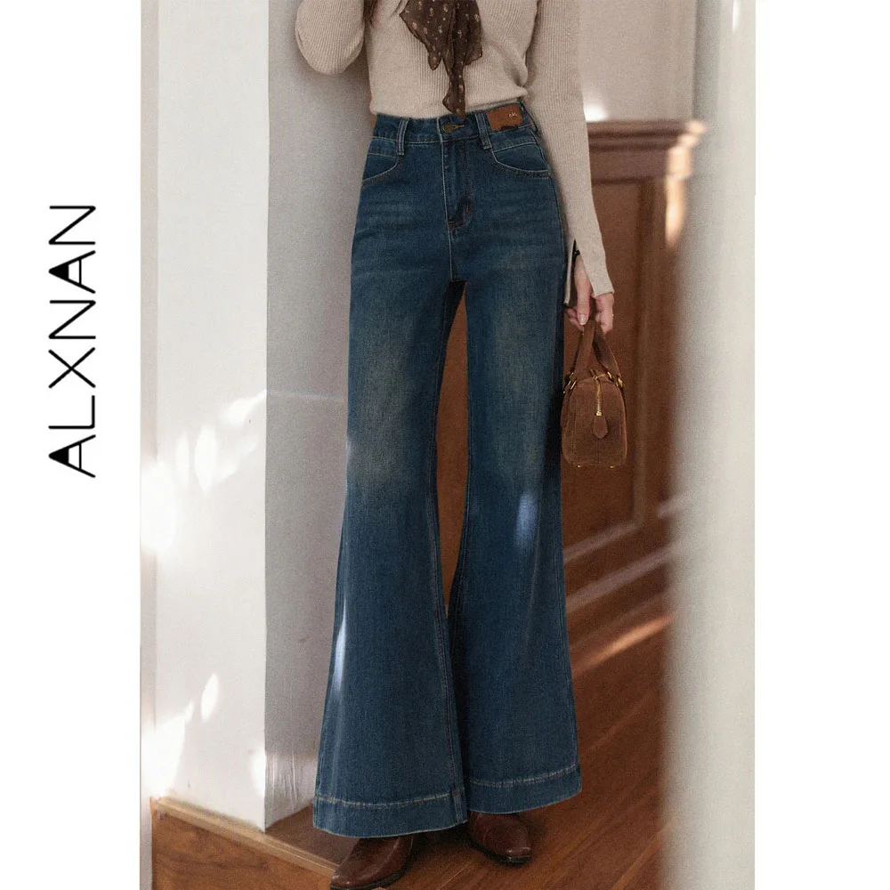 ALXNAN Vintage Blue Flare Jeans Women Autumn High Waist Wide-leg Long Pants Fashion Elegant Baggy Denim Pants Female L679217A