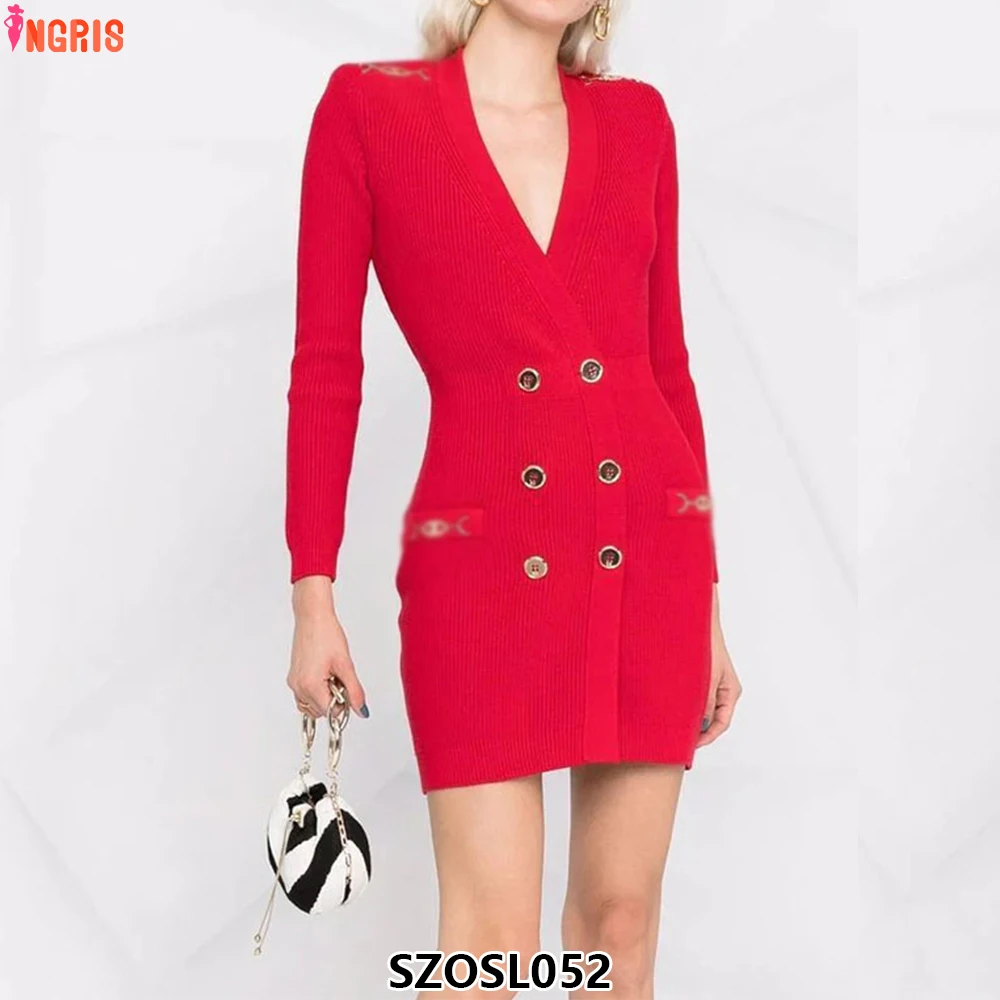 

High Quality Vintage Red Knitted Long Sleeve Dress Deep V Neck Women Sexy Bodysuit Spring Hot Sale-SZOSL052